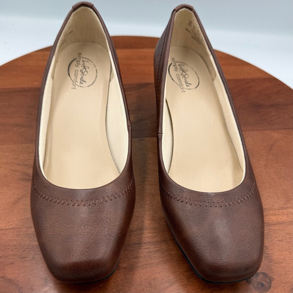 LifeStride Groovy Wedge Pumps Womens 8W Dark Tan Cowboy Brown Square Toe Comfort